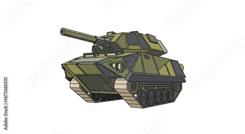 Modern Military Tank Illustration with Angular Green Camouflage and Long Barrel