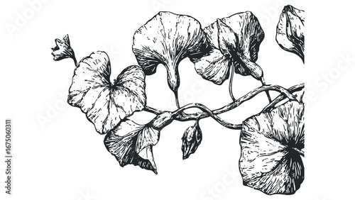 Ink drawing of entwined vine with large blooming flowers and buds. Vector hand drawn illustration