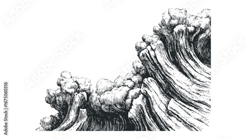 Intricate Pen and Ink Drawing of Crashing Ocean Waves. Vector hand drawn illustration