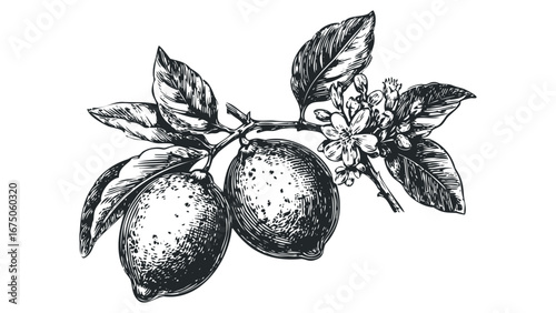 Detailed sketch of two ripe lemons on a branch with leaves and blossoms. Vector hand drawn illustration
