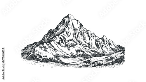 Sketch of Majestic Mountain Peak with Pine Trees in Foreground. Vector hand drawn illustration