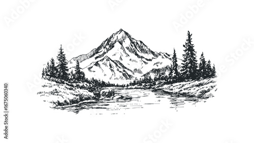 Hand-drawn sketch of a majestic mountain peak with a winding river and evergreen trees. Vector hand drawn illustration