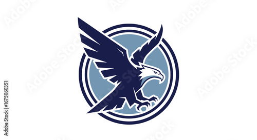 Stylized dark blue eagle mascot with spread wings swooping inside a circular emblem.