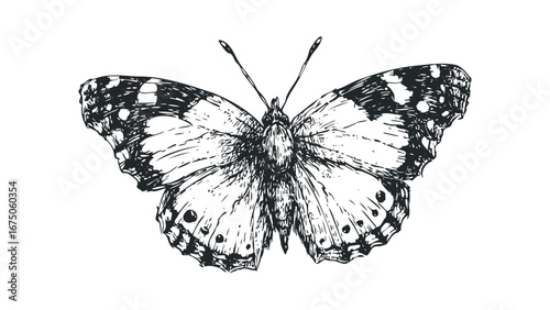 Detailed Ink Sketch of a Monarch Butterfly with Intricate Wing Patterns. Vector hand drawn illustration