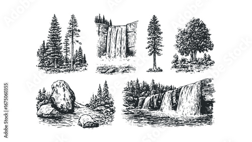 Collection of hand-drawn pine trees and cascading waterfalls with rocks and flowing water. Vector hand drawn illustration