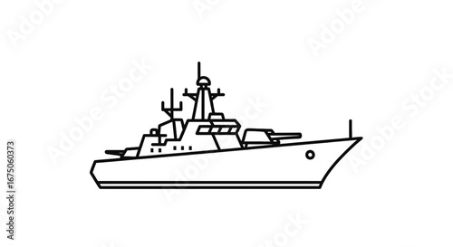 Stylized Line Art Illustration of a Modern Warship with Turret and Mast
