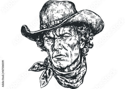 Close-up monochrome sketch of a determined cowboy with a bandana and wide-brimmed hat. Vector hand drawn illustration