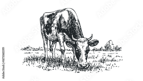 Sketch of a Black and White Spotted Cow Grazing in a Grassy Field. Vector hand drawn illustration
