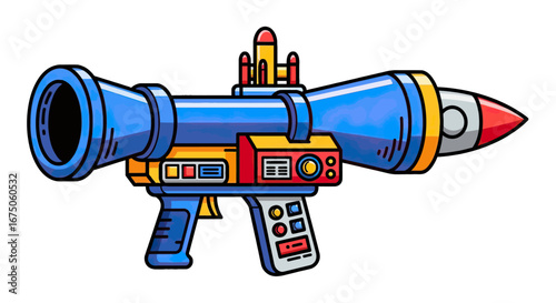 Colorful cartoon rocket launcher with a loaded red-tipped missile, bold outlines, and a futuristic design.