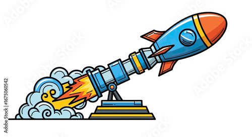 Vibrant cartoon rocket with an orange nose cone launching from a cannon, propelled by a fiery blast and billowing smoke.