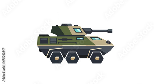 Modern six-wheeled armored combat vehicle with a camouflage pattern and cannon turret.
