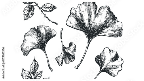 Sketch of Ginkgo Leaves and Branch with Foliage. Vector hand drawn illustration