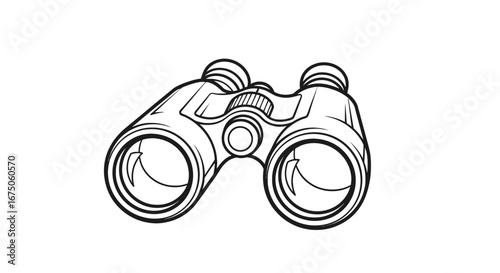 Bold black and white line art illustration of classic binoculars with a focus wheel.