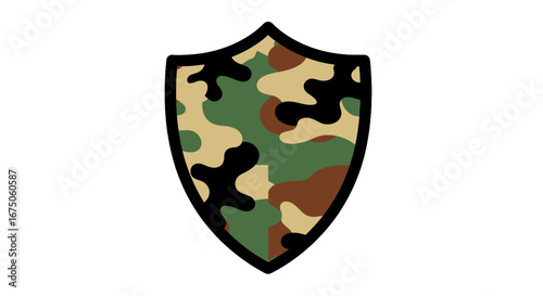 Classic military shield icon with a woodland camouflage pattern in green, brown, and black.