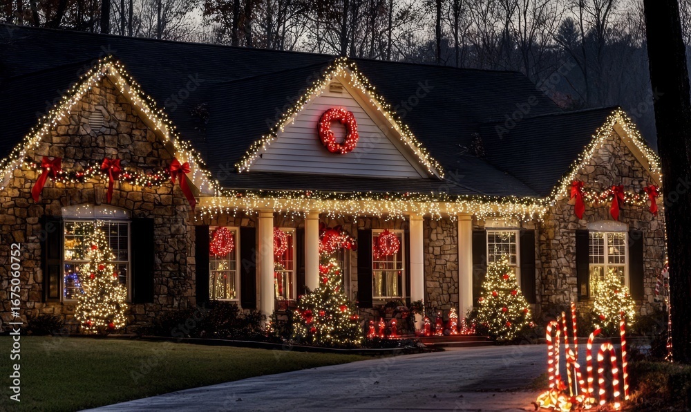 Fototapeta premium A beautifully adorned house showcasing a dazzling array of Christmas lights.