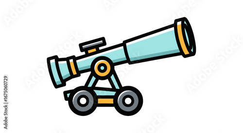 A light blue and yellow cartoon telescope on a wheeled mount, angled upwards for stargazing.