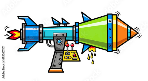Colorful cartoon rocket blaster with joystick controls and a dripping green barrel.