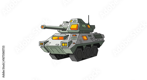 Cartoonish gray tank with orange lights and black wheels, front view.