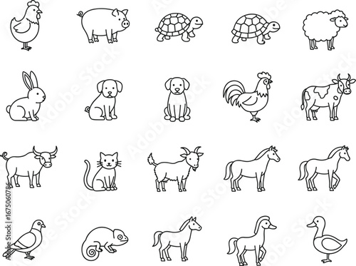 Flat vector illustration, animal icons, farm animals, domestic pets, livestock graphic, poultry symbol, wildlife design, pet icon, barnyard element, agriculture concept