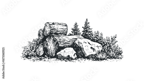 Stacked logs and boulders with sparse foliage and pine trees. Vector hand drawn illustration