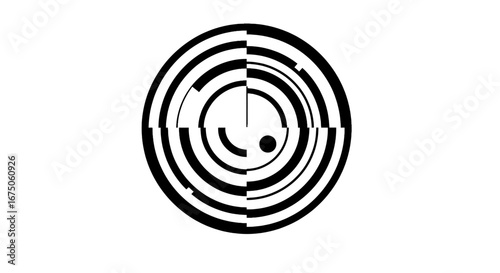Abstract black and white circle with fragmented, shifted concentric rings creating a glitch effect.