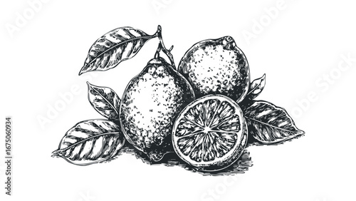 Vintage sketch of citrus fruit with leaves. Vector hand drawn illustration