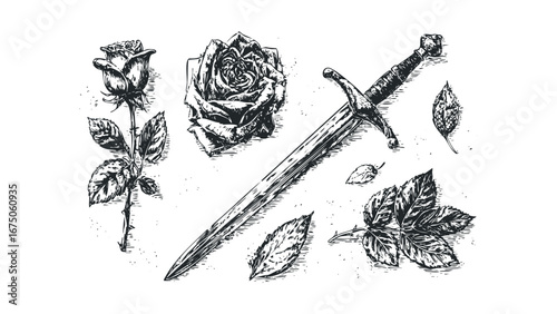 Engraved Rose and Sword with Leaves on White. Vector hand drawn illustration