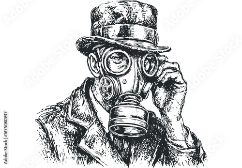 Man in hat and gas mask adjusting equipment with intense gaze. Vector hand drawn illustration