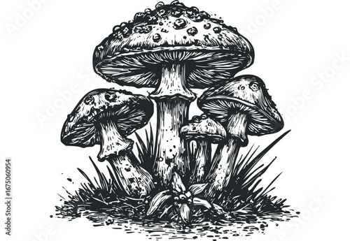 Woodcut Style Cluster of Spotted Amanita Mushrooms with Grass and Small Flower. Vector hand drawn illustration