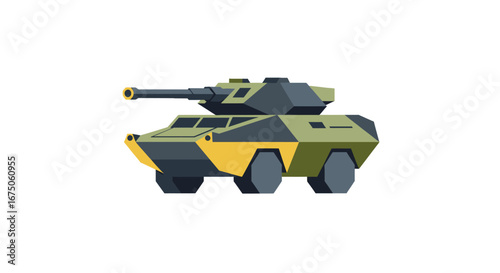 Modern camouflaged armored fighting vehicle with a large cannon, flat vector illustration.