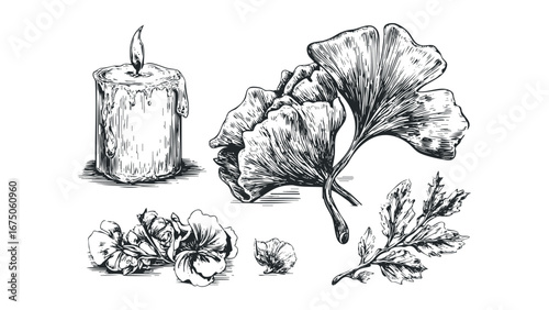 Black and White Sketch of Candle with Ginkgo Leaves and Flowers. Vector hand drawn illustration