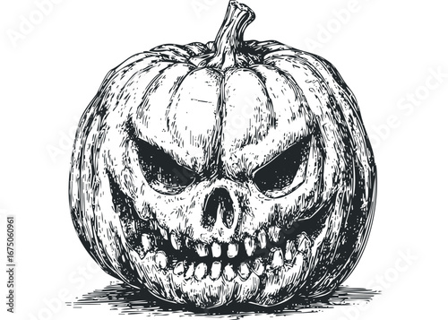 Scary carved pumpkin with menacing grin and empty eye sockets. Vector hand drawn illustration