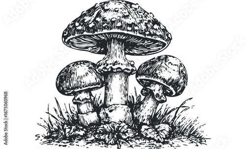 Vintage style ink drawing of cluster of spotted toadstools in grass. Vector hand drawn illustration