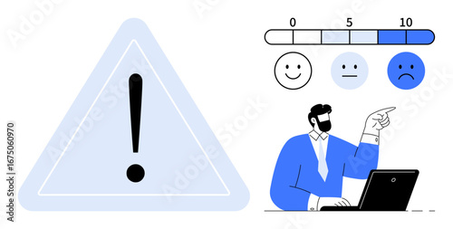 Alert triangle with exclamation mark next to man at a laptop pointing to emotional scale with sad face highlighted. Ideal for feedback, awareness, alertness, evaluation, risk management, UX