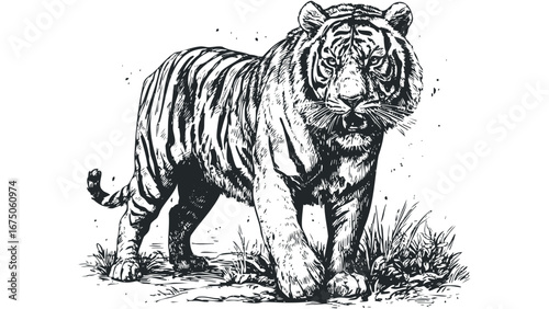 Monochromatic sketch of a powerful tiger walking through dry grass. Vector hand drawn illustration