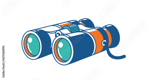 Vibrant blue and orange binoculars with teal lenses, a focus wheel, and bold outlines.