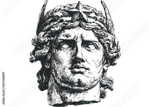 Antique stone bust of a male with a star headdress and elaborate curls. Vector hand drawn illustration