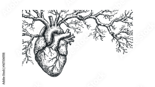 Anatomical Heart Merged with Tree Branches in a Sketchy Line Style. Vector hand drawn illustration
