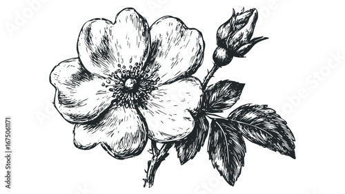Black and White Sketch of a Blooming Rose with Unopened Bud and Leaves. Vector hand drawn illustration