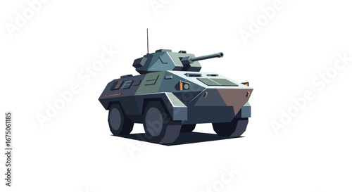 Geometric flat style four-wheeled military armored vehicle with turret and cannon, featuring camouflage colors.