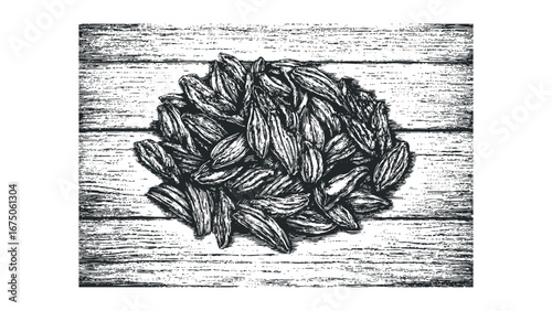 Monochromatic engraving of dried organic cocoa pods arranged on a weathered wooden surface. Vector hand drawn illustration