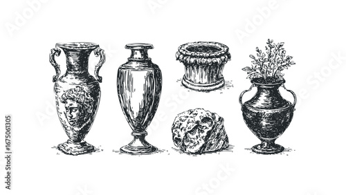 Antique Greek Amphora Vase with Mythological Relief and Botanical Elements. Vector hand drawn illustration