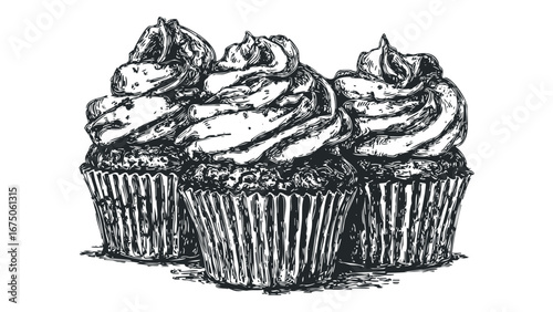 Three frosted cupcakes in a sketch style on a white background. Vector hand drawn illustration