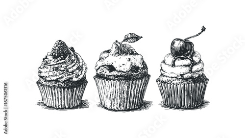Hand drawn sketch of three assorted cupcakes with detailed frosting and fruit toppings. Vector hand drawn illustration