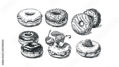 Hand-drawn assortment of seven doughnuts with various toppings. Vector hand drawn illustration