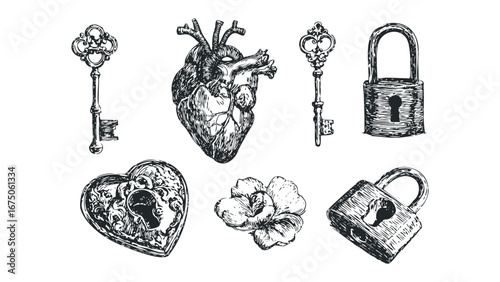 Antique keys and locks with anatomical heart and flower drawings. Vector hand drawn illustration