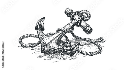 Detailed sketch of a nautical anchor with heavy rope on white background. Vector hand drawn illustration