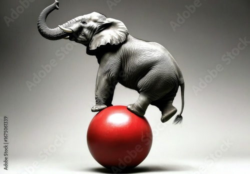 Experience the enchanting performance of a circus elephant as it masterfully balances on a giant ball.