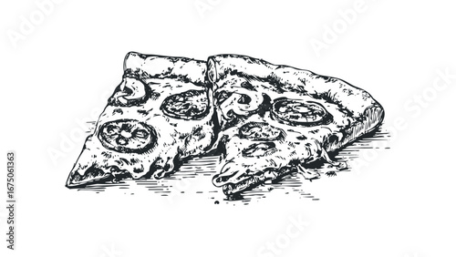 Ink drawing of two slices of pepperoni pizza with visible toppings and melted cheese. Vector hand drawn illustration