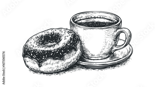 Hand drawn engraving of a frosted doughnut with sprinkles next to a coffee cup and saucer. Vector hand drawn illustration